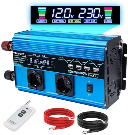 Yinleader Wechselrichter 12V 230V 2000W Reiner Sinus-Spannungswandler mit LCD | 2 Steckdosen und 4 USB /4000W