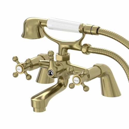 Park Lane® Oxford Bathroom Bath Shower Mixer Tap Handset Hose Attachment Twin Crosshead Handle for Bathtub Traditional, Brushed Brass