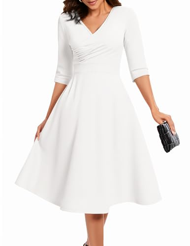 Bbonlinedress Eleganta aftonklänningar, långärmad vinterklänning, festlig klänning med fickor, cocktailklänning, rockabillyklänningar, för bröllop och fest, Vit, L