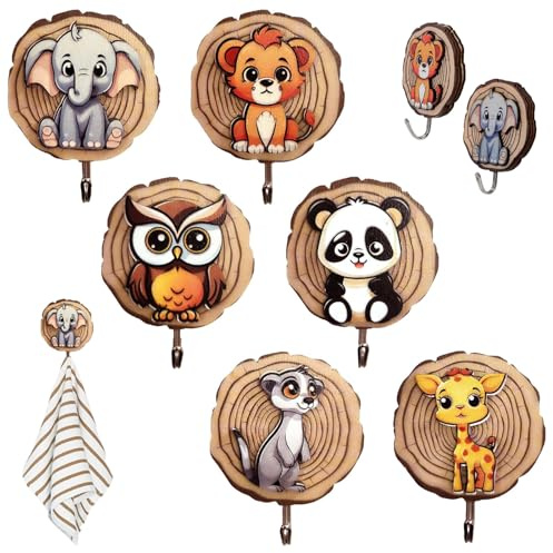 YCHYAN Pack of 6 Children's Clothes Hooks, Self-Adhesive Wooden Coat Hooks, Wall Hangers, Children, Self-Adhesive, with Three-Dimensional Cartoon Pattern, Suitable for Children's Bathrooms, Wardrobes