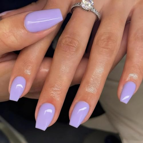 SXVME Lilac Press on Nails Short Medium Coffin Acrylic False Nails Short Ballerina Natural Fake Nails Set Elegant Solid Color Glossy Gel Stick on Nail for Women Daily Wear 24 Pcs