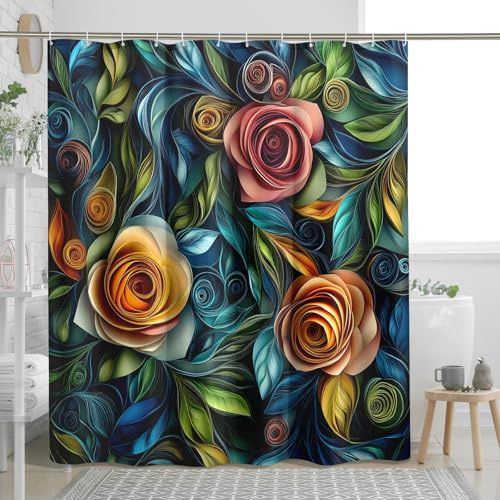 Paper Quilling Rose Shower Curtain Set, 3D Flower Shower Curtain, Spring Floral Bathroom Accessories, Printed Pattern Decorative -72 * 78