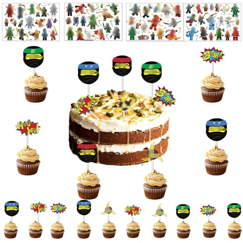 24 Stück Cake Topper Set + 4 Blätter Temporäre Tattoos für Kinder, Kindergeburtstag Party Deko, Muffins Dessert Dekoration, Karikatur Cupcake Topper, Partydekoration