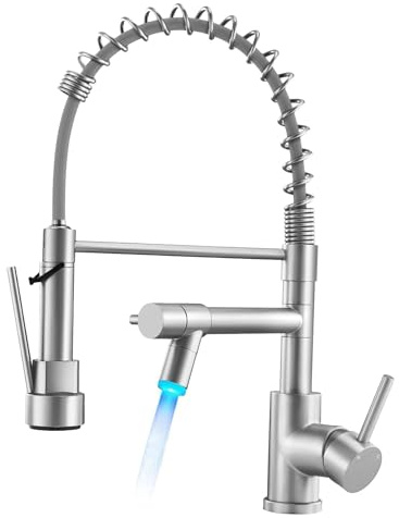 Warmiehomy LED Professionell Wasserhahn Küche,360° Schwenkbar Küchenarmatur mit Zwei Auslauf,Hoher Bogen Spiralfeder Brause Armatur Küche für Spültischarmatur,Gebürstetes Nickel