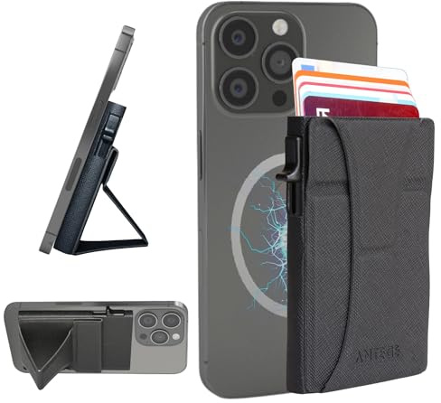 Tarjetero MagSafe de Cuero Vegano con Soporte Ajustable y Bloqueo RFID, Magsafe Wallet Apple, Cartera Magnética Compatible con iPhone 12 13 14 15 16. Capacidad para 7 Tarjetas (Negro/Negro)