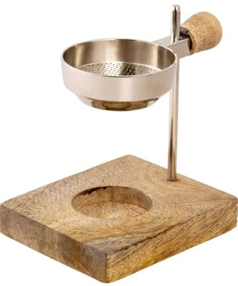 LivuX Brûleur d'encens en laiton nickelé, hauteur 11 cm, réglable, avec tamis Ø 5 cm, manche en bois et base en bois, pour bougie chauffe-plat et encens 1227