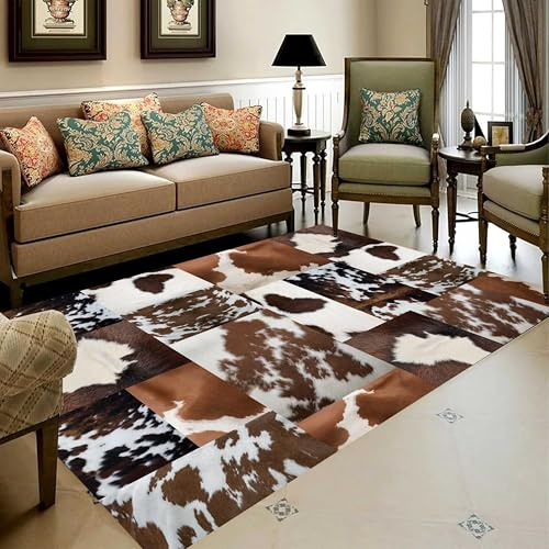 Cowhide Print Area Rug, 140x200cm, Animal Fur Highland Cow Rug Indoor Large Carpet, Wildlife Design Washable Rugs, Soft Non-Slip Absorbent Non-Shedding Rugs Mat for Living Room Hallway Office