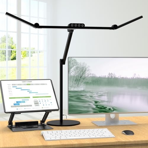 EPABINA 1500LM Lampe de Bureau LED avec Base, 24W Dimmable Puissante 3-têtes de lampe pour Ecran pc, 5 Températures de Couleur et Luminosité Réglables, Commande Tactile, Protection des yeux (Noir)