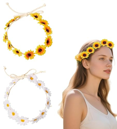 dinghaole 2 Pièces Guirlande De Mode, Fleur Bandeau Bandeaux de Fleurs de Tournesol, Bandeaux Bandeau Couronne De Fleurs Marguerites, pour Mariage, Fête, Plage, Festival
