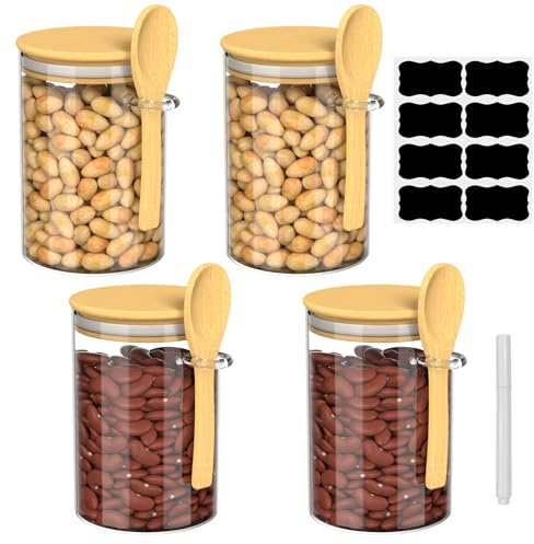 Crynvor Set de 4 Tarros de Cristal con Tapa y Cuchara, Botes Cocina Almacenaje, Frascos de Vidrio Herméticos, Tarro de Almacenamiento, Recipientes de Cristal, para Pasta, Cereales, Harina, Merienda