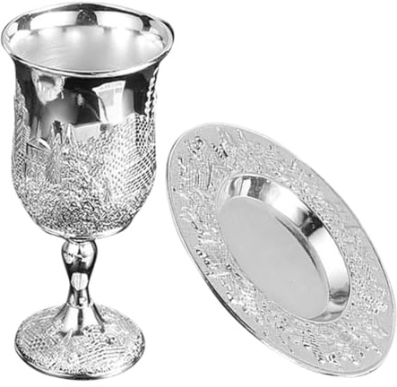 IWOWHERO Juego De Copas Kiddush De Metal Con Pie Alto Plateado, Copa Sagrada Para Vino y Licor, Decoración Tradicional Judía Para Shabat y Pésaj, Obsequio Religioso Elegante (1 Unidad