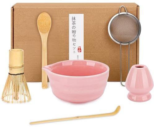 KIMIGO Matcha Set,macha tea kit con Ciotola (Design a Becco d'Aquila),Frusta Matcha di Bambù,Setaccio,Cucchiaio & Accessori,Set Regalo per Appassionati di Matcha,Uso in Casa,Ufficio o Cucina (Rosa)