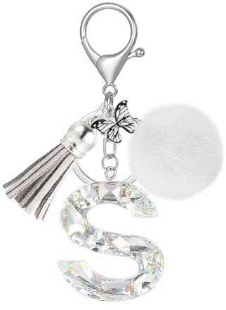 JSRQT Schlüsselanhänger Buchstaben Bling, Glitzernde Strass Alphabet Schlüsselanhänger für Auto Frauen, Schmetterlings Quasten Poms Anhänger, Mädchen Taschenanhänger