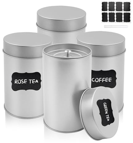 Wenfubrixa Runde Teedosen mit luftdichten Doppeldeckeln, Metallbehälter mit 1 Whiteboard-Stift und 8 Aufklebern für losen Tee, Kaffee, Süßigkeiten, Kräuter, Gewürze, 4 Stück, 4 Stück