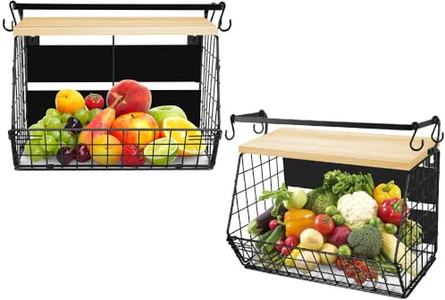HUOLE Magnetische Obstkorb Hängend Obstschale & Gewürzregal , Küchen Organizer - Obstkorb Etagere Obst and Gemüse Aufbewahrung, Drahtkorb Mit Deckel,35 x 17 x 29,5 cm (Schwarz + Naturholzfarbe)