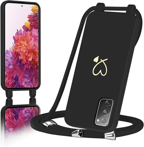 AoozeFon Handyband für Samsung Galaxy S20 FE Hülle mit Band,Handyhülle Silikon mit Goldenem Herzmuster für Samsung S20 FE, Abnehmbare Stoßdämpfend Handytasche mit Nylon-Lanyard，Schwarz