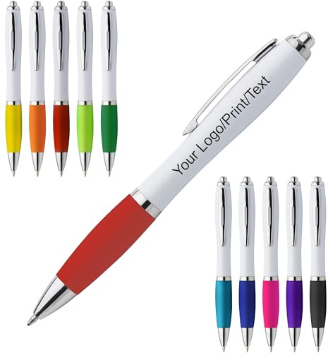 Schmalz® Lot de 50 stylos à bille en plastique personnalisables, avec impression UV, publicité, logo, texte, message, remise de diplôme, foire à encre bleue (50)