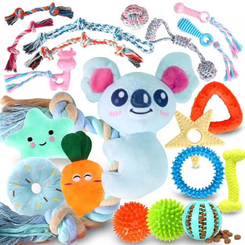 Aitmexcn 20 Pack Puppy Teething Toys,Dog Chew Toys with Cute Squeaky Toys | Assorted Toys for Boredom Relief, Dental Health, Treat Ball, Teething Rings & Ropes for Small Dogs