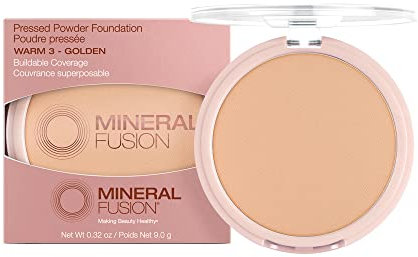 Mineral Fusion Pressed Powder Foundation - Matte Finish Face Powder for Med/Tan Skin with Yellow Undertones - Age Defying Natural Makeup - Talc Free, Vegan, Hypoallergenic (Warm 3)