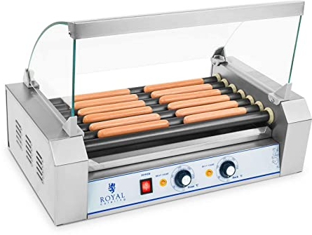 Royal Catering Máquina Asador de perritos calientes RCHG-7T (7 Rodillos, 12 Salchichas, 1400 W, 230 V, 2 Zonas calentadoras individuales, 33 x 58,5 x 40,5 cm, Recubrimiento: teflón)