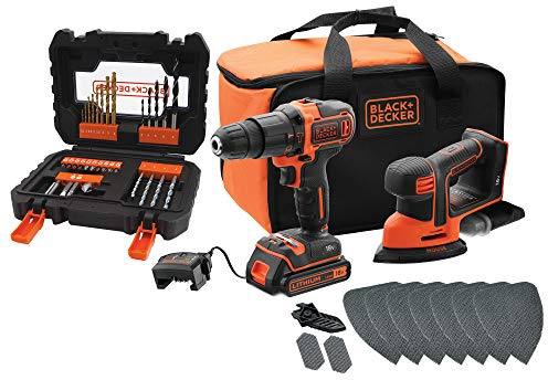 BLACK+DECKER BCK23S1SA41 Schlagbohrmaschine und Detailschleifer, Maus 18 V, mit 41-teiligem Zubehör-Set, 1 Lithium-Akku mit 1,5 Ah und Tragetasche