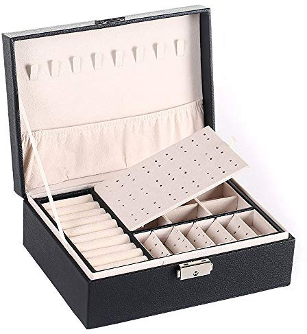 Belons Schmuckkästchen Damen, PU Leder Schmuckschatulle mit 2 Ebenen, Schlüssel, Schmuckkoffer Schmuckbox für Ohrringe, Halsketten, Armbänder, Ringe, Schwarz