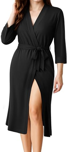 NY Threads Accappatoio da donna a maglia lunga, leggero, kimono, accappatoio da donna, morbido abbigliamento da notte in misto cotone, Nero, M