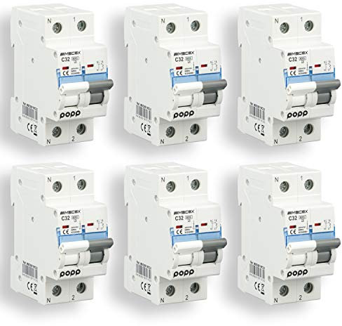 POPP® Interruptor Automático Magnetotérmico Doméstica CURVA C corte 6000A 1P+N 10A,16A,20A,25A,32A,40A 63A Pack 6,12 (Pack 6, 32A)