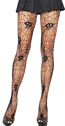 VALINK Schwarze Netzstrumpfhose, Halloween-Totenkopf-Jacquard-Fischnetzstrümpfe Spinnennetz, Oberschenkel, hohe Taille, Strumpfhose, Netzstrumpfhose, kreatives Kostüm für Cosplay, 1
