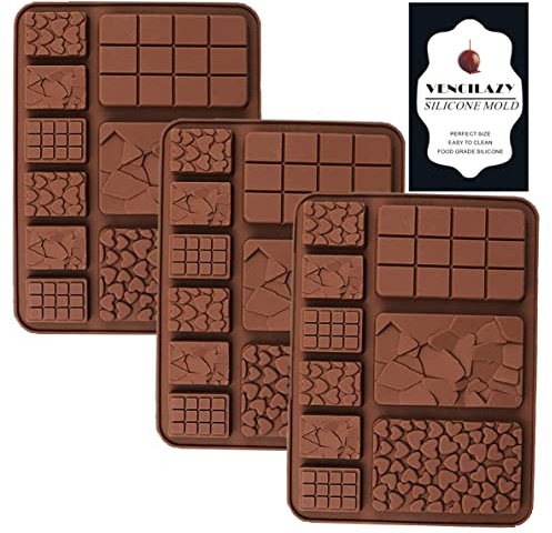 Vencilazy Silicone Chocolate Mould Mix Shape Break-Apart Chocolate Bar Mini Waffle Shape Heart Shape Fragments Square Shape Moulds 3 PCS Homemade Protein and Energy Bar Mold Candy Cake Decoration