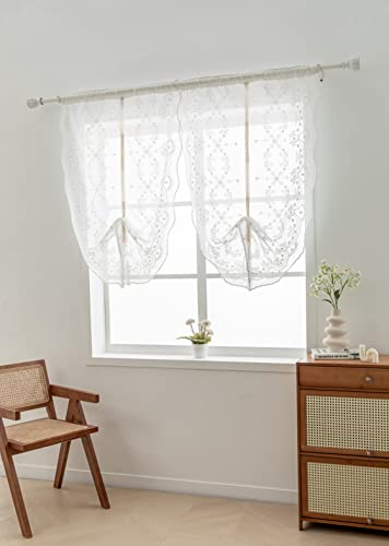 Lactraum Raffrollo Raffgardine Küche Weiß Tranparent Bestickt Vintage Eisblume Blumen H130 x B60 cm (1er Pack)