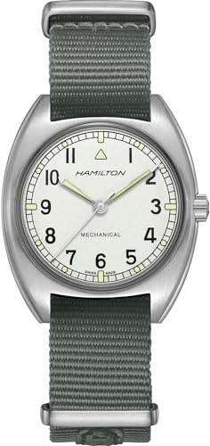 Hamilton Armbanduhr Khaki Luftfahrt Pilot Pioneer Mechanisch | Swiss Made | 36 mm x 33 mm Edelstahlgehäuse | Silbernes Zifferblatt Analoguhr | graues Textil-NATO-Armband (Modell: H76419951), silber,