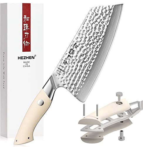HEZHEN 18,7CM Hackmesser, Chinesisches Kochmesser Damast Stahl, Tranchiermesser Fleischmesser Schneidemesser, Elfenbeinweißer G10 Griff