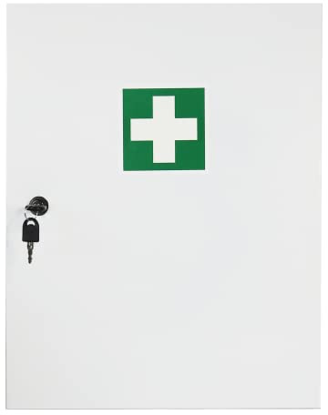 Erste Hilfe Verbandschrank mit DIN 13169:2021, Medizinschrank mit 3 Fächern + 3 Türfächer, Sicherheitsschloss – aus Metall mit Dichtung, 48,5 x 40 x 15 cm – robust, staubgeschützt & Platz für mehr