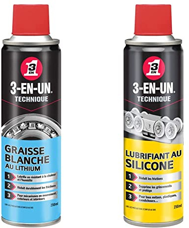 3-EN-UN Technique • Graisse Blanche au Lithium • Aérosol & Technique • Lubrifiant Silicone • Aérosol • Facilite le glissement des pièces en mouvement • Anticorrosion