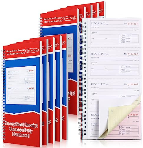 Crtiin 10 Pcs 3 Part Spiral Carbonless Money and Rent Receipt Book with Carbonless Copies 100 Sets Per Book 4 Receipts Per Page (5-1/4 X 11)