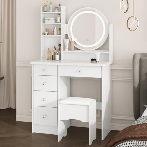 DEZAGCE toeletta trucco, toilette trucco con sgabello, toletta da trucco con specchio 5 cassetti e 4 scomparti aperti, spazioso bouquet, bianco, MDF, 80 x 40 x 135 H cm