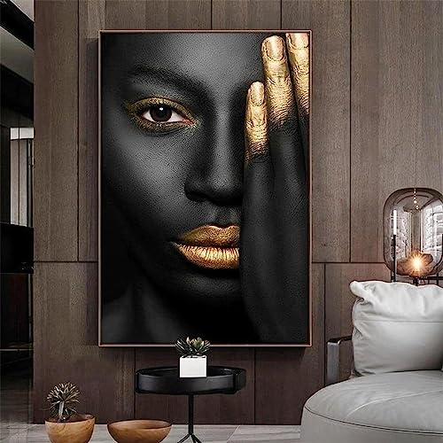 MHLCMG Leinwand Malerei Afrikanische Schwarz Gold Frau Bilder Wandkunst Modern Frau Gesicht Poster Kunstdruck Bild Wand Wohnzimmer Schlafzimmer Dekor Kein Rahmen (30X40CM)