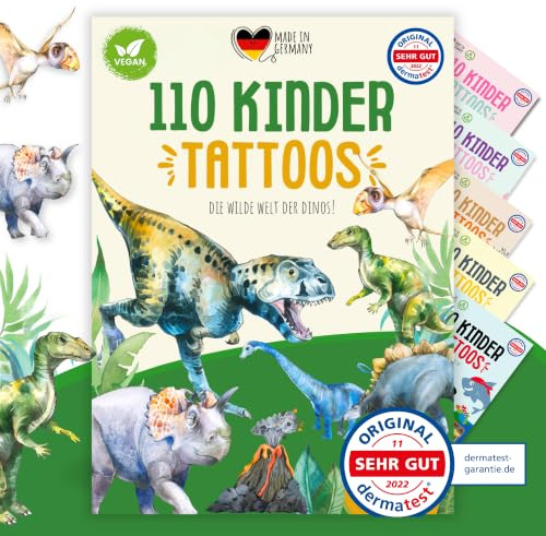 MeinBaby123 110 hautfreundliche Kinder Tattoos mit Dinos, Dinosaurier Tattoo, Kindertattoos zum Aufkleben, Geschenk für Kinder, vegan & made in Germany (1x Dinos)