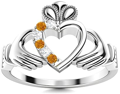 Citrine Round 2.00mm Claddagh Ring | Sterling Silver 925 With Rhodium Plated | Beautiful Design Claddagh Promise Ring (White, 52)