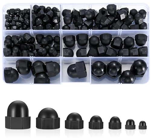 165 Pcs Acorn Dome Cap Nuts, alloy steel Acorn Thread Hex Caps Head Nuts Assortment KitAcorn Decorative Hex Cap Nutss - M3/M4/M5/M6/M8/M10/M12(black/alloy steel)
