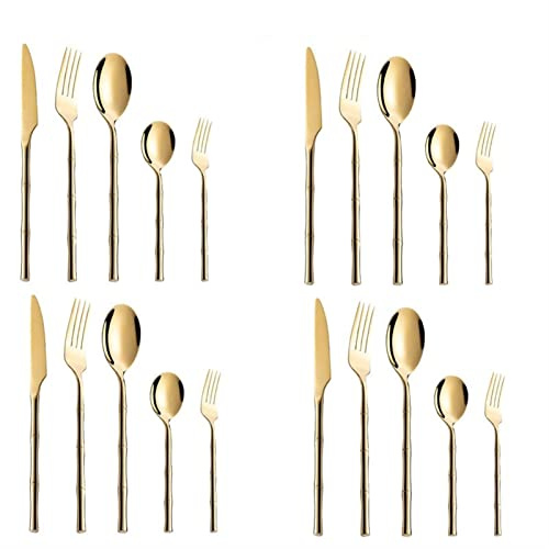 GaRcan Couverts 20 pièces en Forme de Bambou doré, Service de Table, Vaisselle de Table, cuillère, Couteau, Fourchette à Dessert, Lave-Vaisselle (Or)
