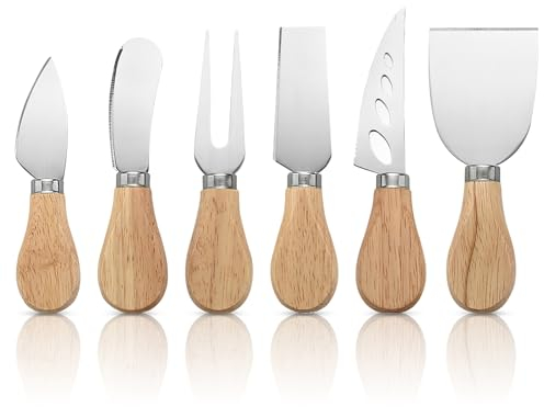 BRISKORE Käsemesser Set mit Buttermesser Klein, 6-teiliges Mini-Käsemesser Käsebesteck mit Holzgriff, Edelstahl-Küchenkäse-Werkzeuge für Weichkäse, Schnittkäse, Kuchen, Dessert, Käsesalat