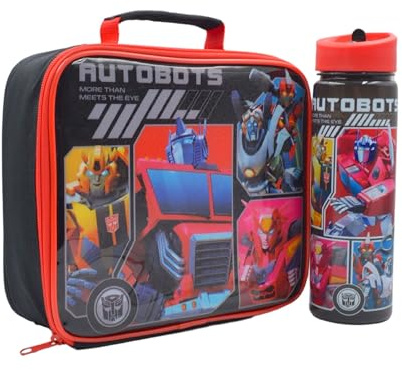 Transformers Autobots Kids School Lunch Bag & 600ml Water Bottle Set – Insulated Lunchbox with Leak Proof Flip Spout Bottle – Optimus Prime & Bumblebee Official Hasbro Merchandise