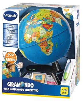 VTech Giramondo - Video Mappamondo Interattivo, Mappamondo Bambini con Penna Touch e Schermo 2.7, Inclusi 600 Video BBC, Giochi Educativi e Quiz, Lingua Italiana, Batterie Incluse, 7-99 Anni