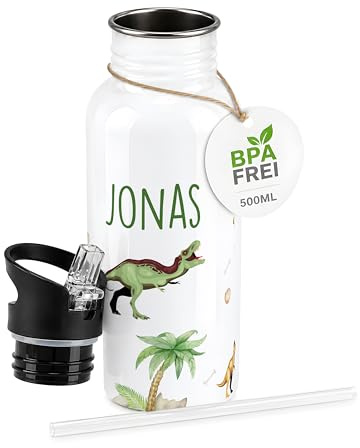 Kidsmood – Personalisierte Trinkflasche für Kinder, BPA freie Edelstahl Wasserflasche, 500 ml mit Trinkhalm, Kindertagsgeschenke Junge, Ideal für Einschulung & Kindergarten (Dinosaurier)
