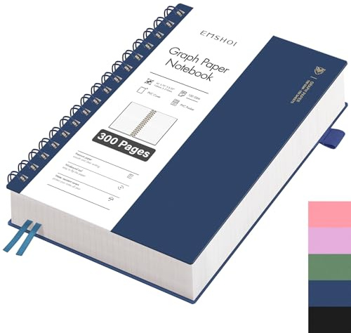 EMSHOI Notizbuch A5 Kariert, 100g/m² Papier, 300 Seiten - Blau | Notizblock Kariert mit PVC Cover, 180° flach, Innentasche, Stiftschlaufe, für Schule, Arbeit, Zeichnen, 14.5 × 21cm