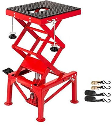 Gato hidráulico portátil para Motocicleta, con Capacidad de Carga de 300 Libras, con Soporte de Tijera, Color Rojo, Plateado y Azul, con Correas de sujeción (Rojo + Bolsa de Almacenamiento)