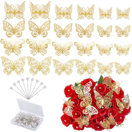 SOFPLATE 1 scatola Adesivi Murali Farfalla 3D 48 pezzi 4 stili 3 misure Decorazioni Farfalla Dorate con 100 spilli con Testa di Diamante Decorazione Murale Primaverile per Festa di Compleanno Torta Ma