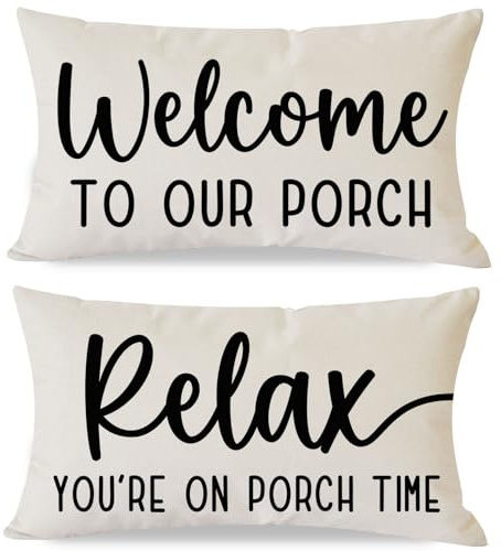 PANDICORN Decorative Throw Pillow Covers 12x20 Inch Set of 2 Welcome to Our Porch Relax You're on Porch Time Outdoor Rustic Farmhouse Patio Decorations Lumbar Cushion Cases for Sofa Couch Decor